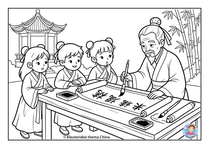 Kleurplaat kalligraaf thema China kleuteridee